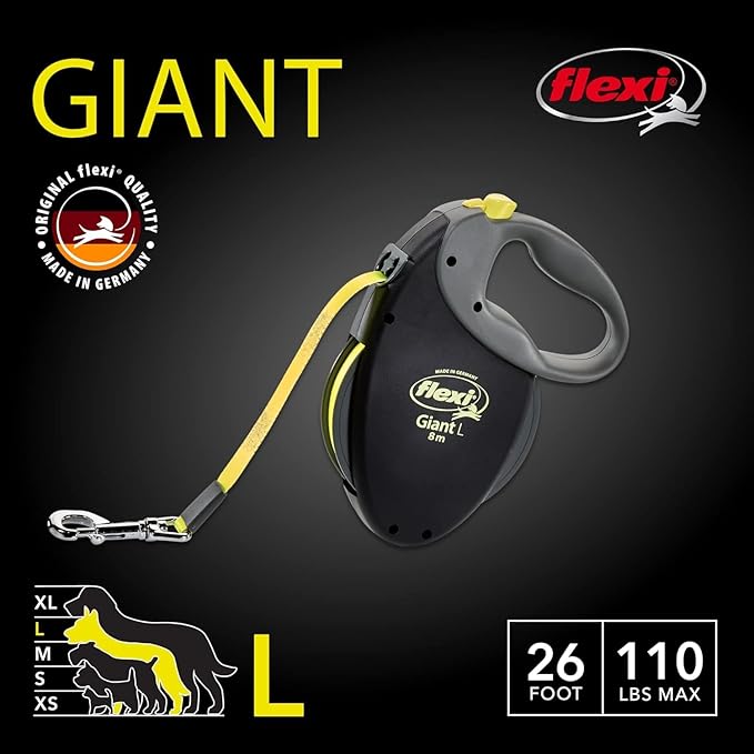 FLEXI Giant Tape Retractable Dog Leashes for Large Dogs Upto 110 lbs. – 26 ft., Black | Tangle Free Pet Walking Leash with One-Handed Brake, Pause, Lock | German Quality Product
