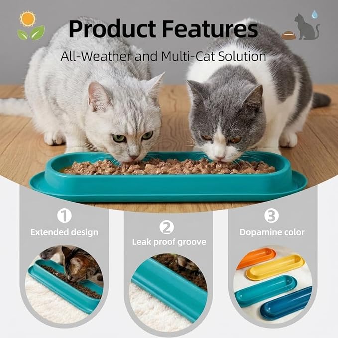 Multi-Cat Home 4-Pack, Long Pet Food Bowls, Large Capacity Non-Slip Easy Clean Dishes for Indoor & Outdoor Feeding (Orange, Dark Blue, Yellow, Lake Green)