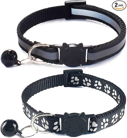 2 Pack Reflective Cat Collar Breakaway with Bells, Girl Boy Cat Collar Adjustable 7.5-12.5 Inch (Black)