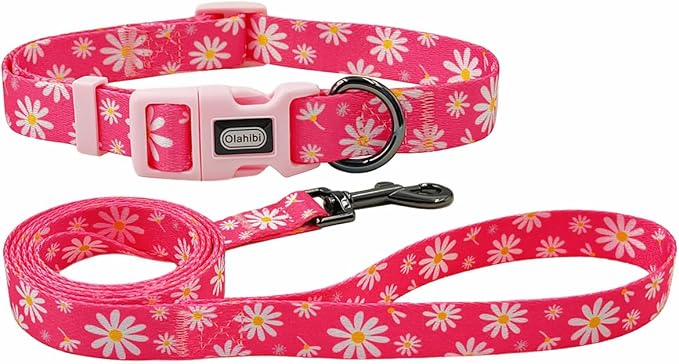 Dog Collar Leash Set, Floral Pattern, Polyester Material, Adjustable Collar and 5ft Matching Leash, for Small Dogs.(S, Pink Daisy)
