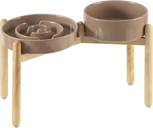 Havniva 3.2 Cup Ceramic Raised Slow Feeder Dog Bowl Set, Elevated 8.2inch Bowl and 9.5inch Puzzle Slow Food Dish with Wooden Stand for Large Dog, Anti-Gulping (2 x Brown Coffee+ Stand)