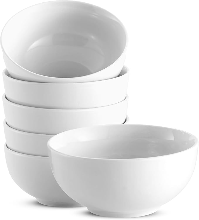 KooK Ceramic Cereal Bowls, Microwave, Dishwasher and Freezer Safe, Porcelain Dishes for Soup, Pasta, Salad, Oatmeal, Deep Interior, 24 oz, Set of 6, Marshmallow White