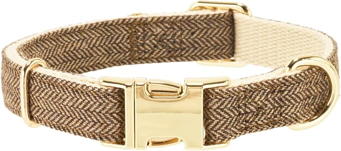 Luxury Soft Cotton Tweed Fabric Dog Collar & Leash Set with Gold Buckle – Durable Fabric, Stylish Design for Everyday Walks(Large Coffee)
