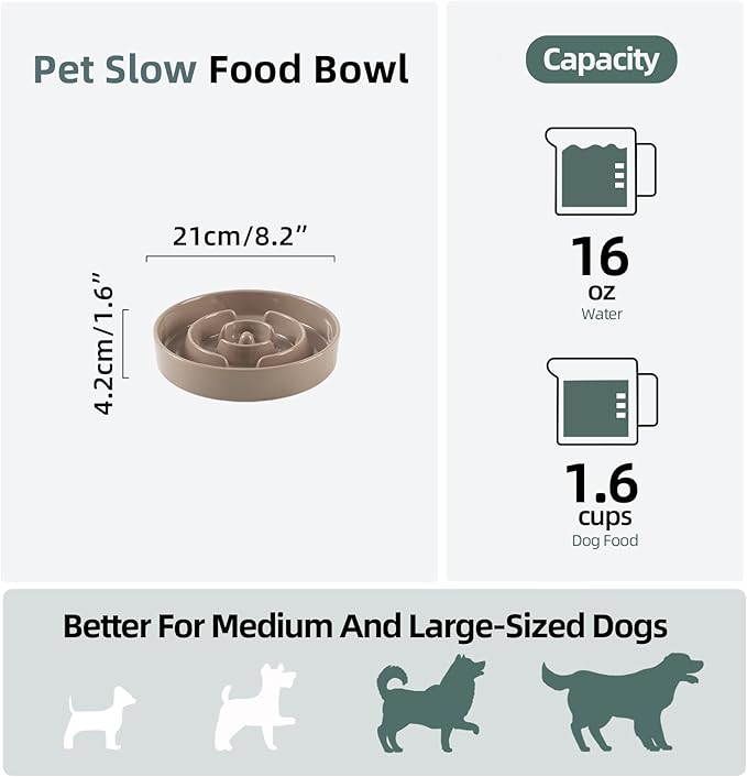 Havniva Ceramic 1.6 Cup Slow Feeder Dog Bowl for Medium and Large Breed, 8.2inch Puzzle Dog Food Dish, Anti-Gulping, Stop Bloat, Preventing Choking (Single Bowl-Brown Coffee)