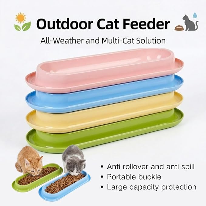 Multi-Cat Home 4-Pack, Long Pet Food Bowls, Large Capacity Non-Slip Easy Clean Dishes for Indoor & Outdoor Feeding (Pink, Yellow, Green，Blue,)