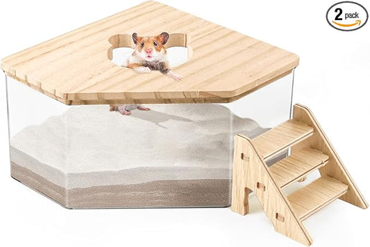 Hamster Sand Bath Box Container, Hamster Bath Sand Gerbil Sand Bath Hamster Dust Bath, Hamster Litter Box Chinchilla Dust Bath Hamster Accessories(Pentagon+Ladder) (Pentagon+Ladder)