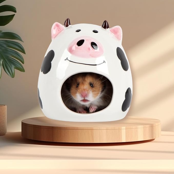 Ceramic Hamster Hideout Hamster House Cool Nest for Gerbil Mice Golden Bear Squirrel Hedgehog Chinchilla Other Small Animals Cute 6.7 inch (Cow)