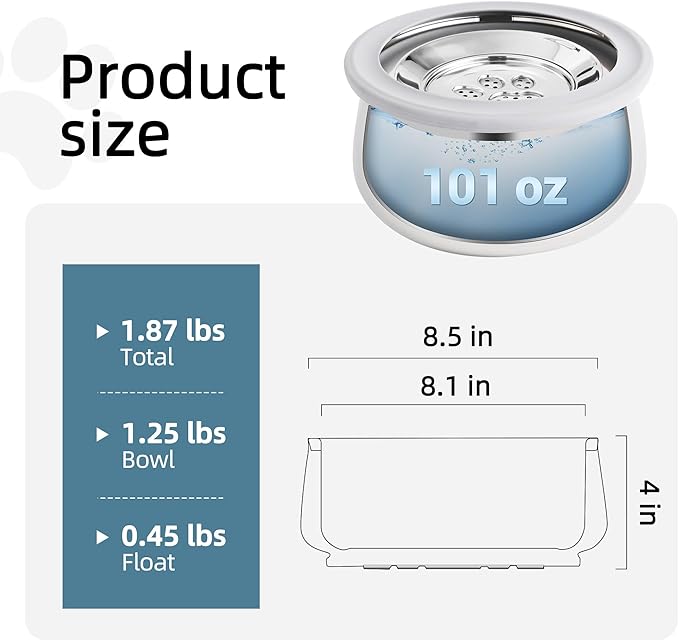 3L/0.8 Gallon No Spill Water Bowl for Dogs, Double-Wall Stainless Steel Slow Water Dog Bowls, Splash-Proof Vacuum Float, Dishwasher Safe for Large Medium Dogs (3L/101 floz)
