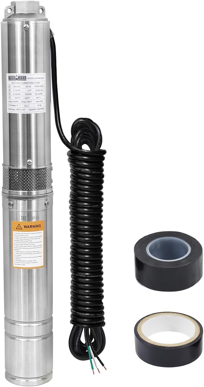 4" Deep Well Submersible Pump with 10FT Cable, 1HP, 230V/60HZ, 33GPM, 190FT Head, Stainless Steel Submersible Well Pumps Borehole Water Pump for Home, Factories, Irrigation, Farmland