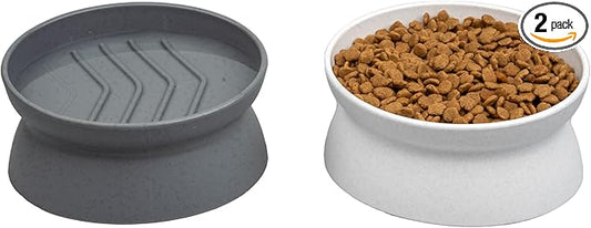 Kitty City Elevated Slow Feeder Cat Bowls (Set of 2), Whisker-Friendly Raised Cat Food Dishes with Ridges, Helps Reduce Fast Eating & Digestion Issues, Dishwasher Safe, 10.8 oz – White & Gray