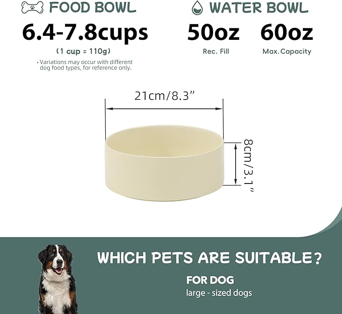 Havniva Ceramic 8.2inch Dog Bowl for Large-Breed Dogs, Anti-Slip and Weighted Pet Food and Water Bowl (Single Bowl -Light Yellow)