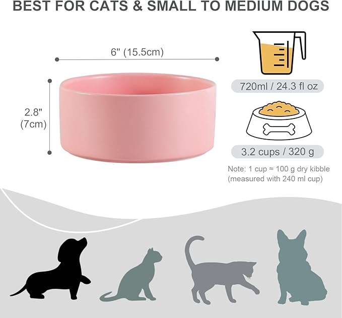Ceramic Dog Bowl for Food and Water - Pet Feeder Bowl for Small to Medium Dogs and Large Cats - Heavy Ceramic Feeding Dish with Non Slip Base - Dishwasher & Microwave Safe - 6 Inch - 3.2 Cups - Pink