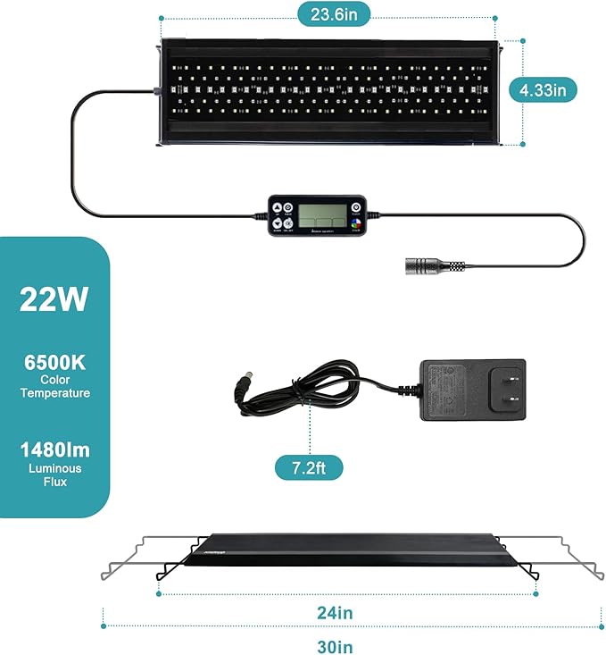 24/7 LED Aquarium Light, IP68 Waterproof Extendable Bracket Fish Tank Light with Timer, 7 Colors, 10 Level Adjustable Brightness, DIY Mode Full Spectrum Aquarium Plant Light for 24-30 Inch Fish Tank