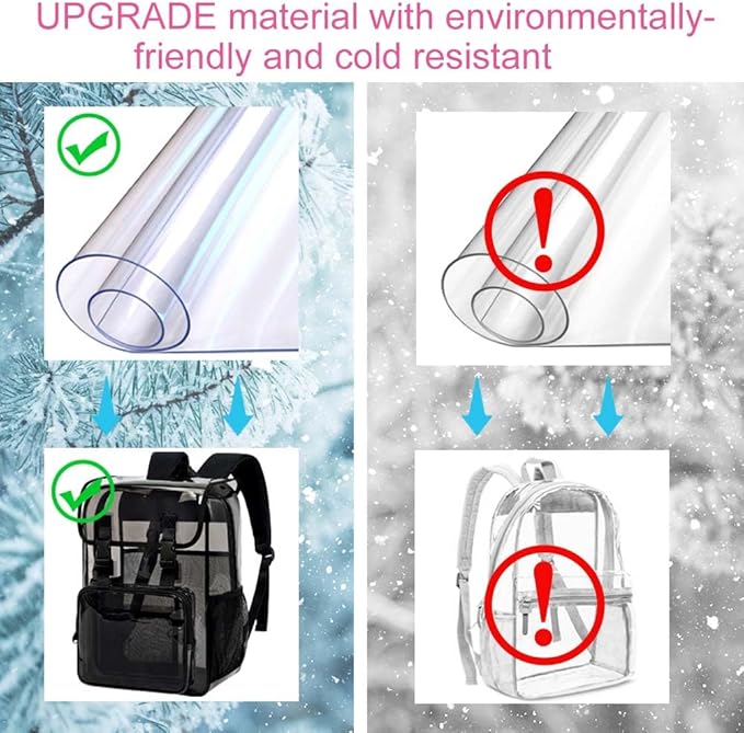 17" Flip Top Clear Backpack, Stadium Approved 3Pcs Set, Heavy Duty Transparent Bookbag for Gym/Concert (Dark Black)