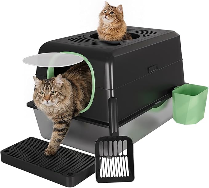 XL Stainless Steel Cat Litter Box with Lid, Enclosed High-Sided Top-Entry Design, Large Metal Kitty Litter Box Equipped with Scoop and Trash Bin, Black