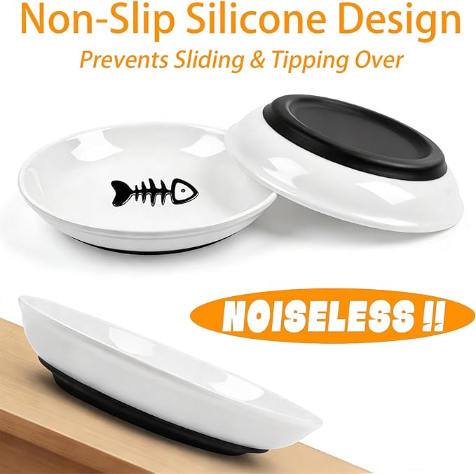 Non-Slip Cat Food Bowls - 3 Pack Whisker Fatigue Ceramic Cats Dishes Set for Indoor Cats, Shallow Wide Kitten Plates for Wet Food and Water, Microwave & Dishwasher Safe