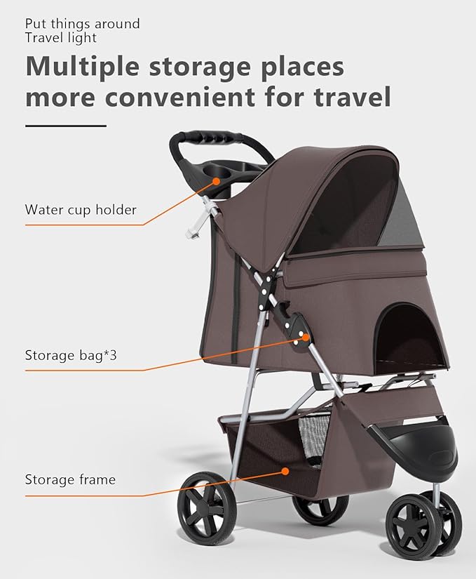 OS MOTOR Pet Stroller with 3 Wheels for Small/Medium Pets, Portable Travel Foldable Carrier Jogger for Dog Cat Puppy Kitty, Rear Wheel Breaks, Storage Basket, Visible Mesh with Weather Cover (Coffee)