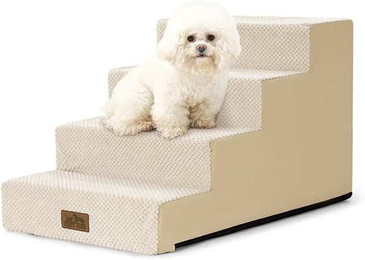 COZY KISS Dog Stairs for Small Dogs 15.7" H, 4-Step Gentle Incline Pet Step for Couch Sofa, Non-Slip Right-Angle Dog Ramp for Puppy Doggie Senior Cats, 15.7x23.6x15.7 Inch, Beige