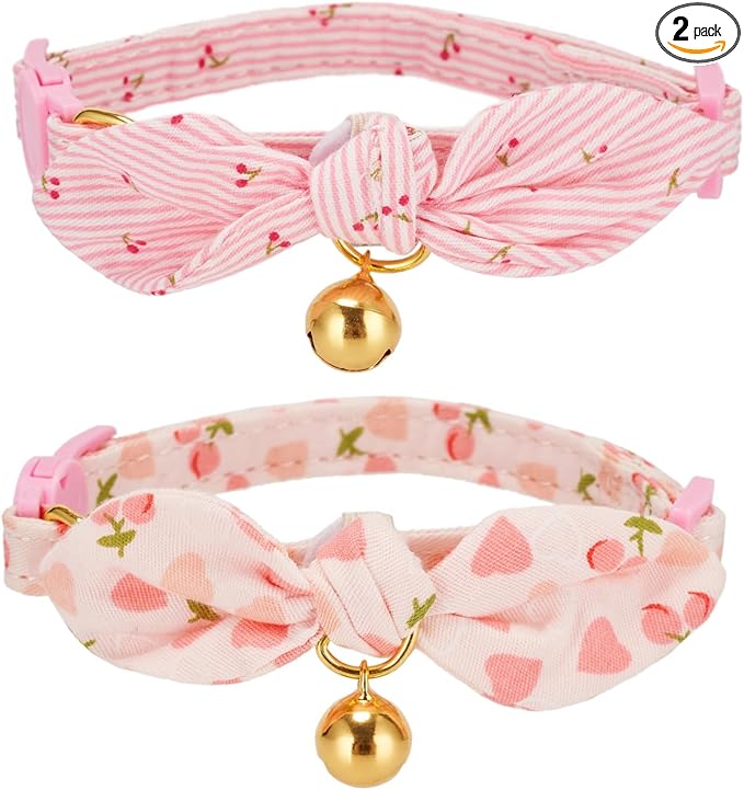 Cotton Bowtie Cat Collar with Bell 2 Pack Adjustable Breakaway Kitten Collars with Removeable Bow Pink Girl Cat Collars