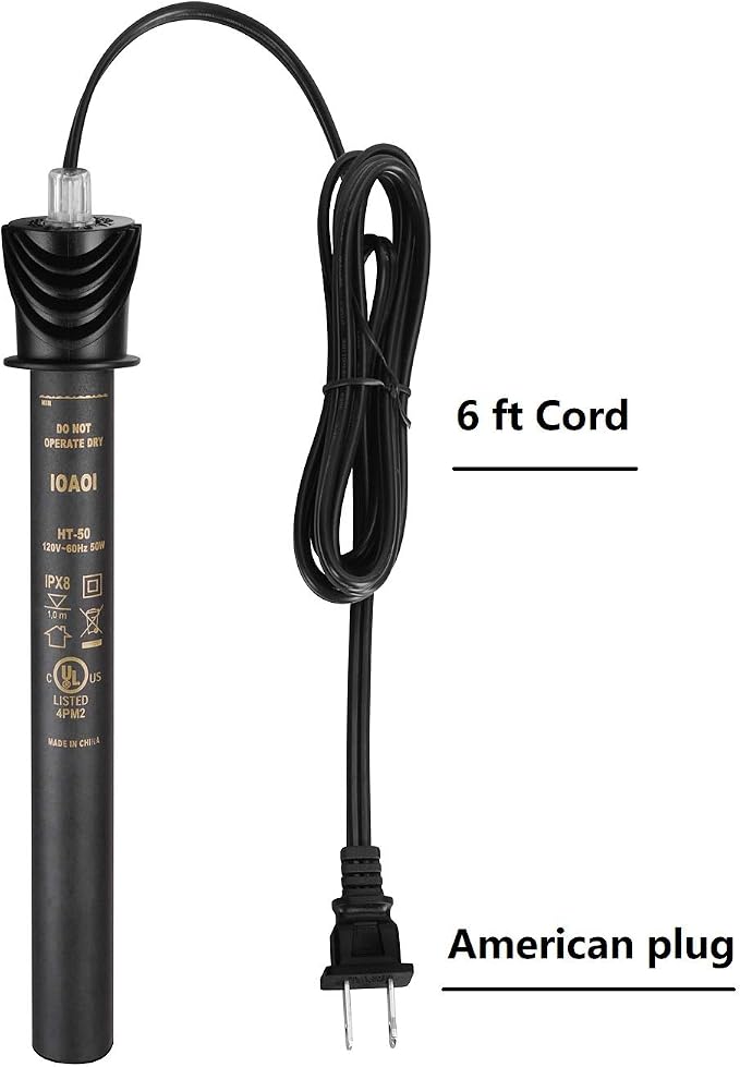 IOAOI Aquarium Heater for Fish Tank 50W for up to 20 Gallons Tanks Shatterproof for Both Marine and Fresh Water Engineering Plastic Tube Outside and Stainless Steel Tube Inside Temperature Adjustable