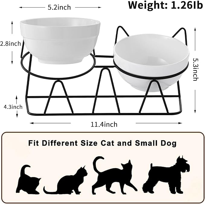 Elevated Cat Food Bowl,Ceramic Raised Water Bowl for Indoor Cats, 15°Tilted Metal Stand Anti Vomiting and Protect Spines,Whisker Fatigue Feeding Dishes,Non-slip and Dishwasher Safe