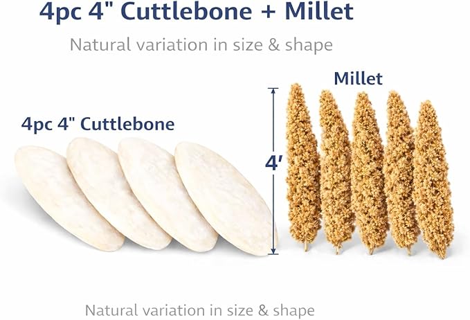 Farm to Feathers™ Economy & Thin Spray Millet with Cuttlebone Bundle – USA Grown Millet Sprays for All Birds, Cockatiels, Lovebirds, Parakeets, Finches – 7 Ounce (Pack of 1) + 4" Cuttlebone (4-Pack)