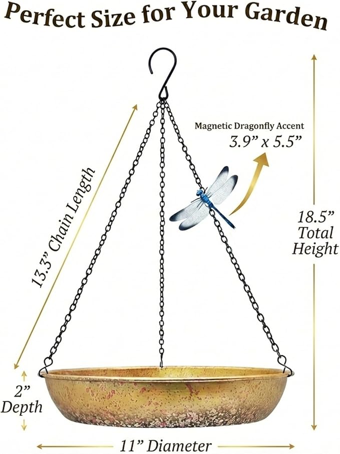 Hanging Bird Bath for Outside Metal Birdbath 11 Inch for Birds to Seed Bathe Drink Decor Bird Bath Gold to Iridescent Pink Gradient Decor for Garden Back Yard Patio Attracts Hummingbirds & Finches