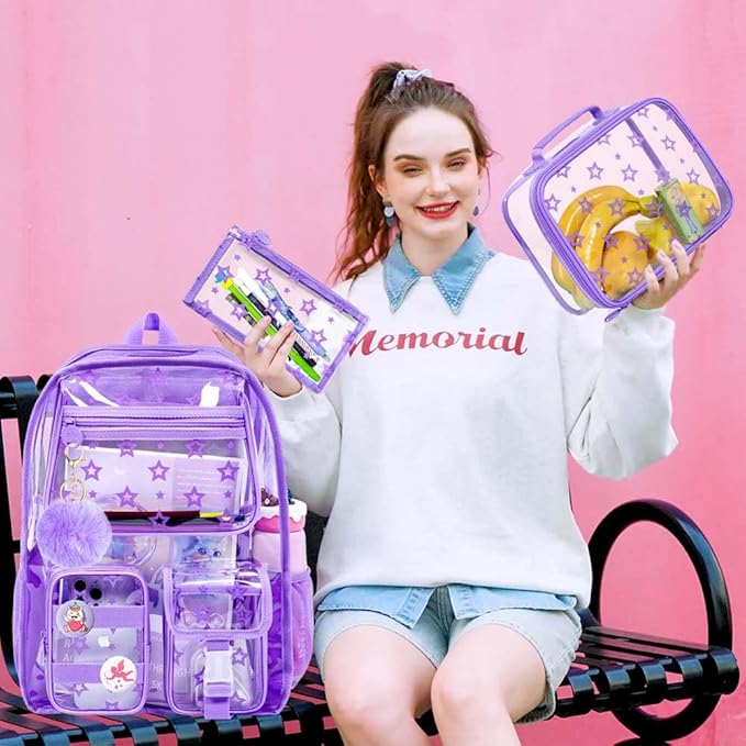 CCJPX 3Pcs Clear Backpack for Girls, School Transparent Bookbag, Heavy Duty See Through Backpacks for Teens Elementary