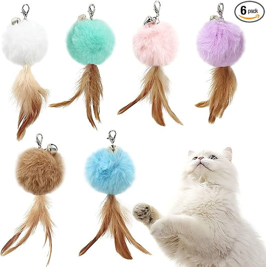 Cat Fluffy Feather Toys Replacement Cat Toy Wand Refills, 6 Pieces Fluffy Cat Toy Feathers Refill, Interactive Cat Teaser Wand Attachments, with Bell