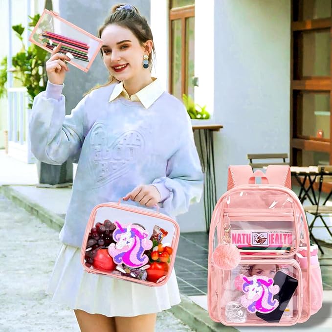 Clear Backpack for Girls and Boys, Kids Transparent Bookbag, 3PCS Cute See Through School Bag for Elementary Prechool
