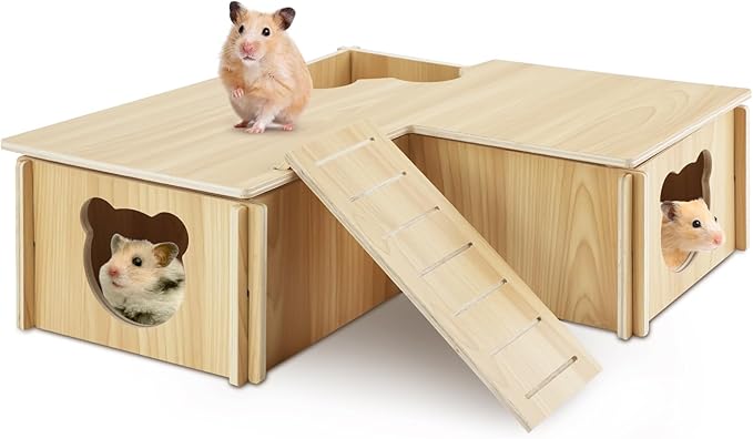 RETON Wooden Hamster House, Hamster Hideout Corner Hamster Accessories, Hamster Hides Platform with Stairs, Hamster Toys Cage Decor for Syrian Hamsters Dwarf Hamster Rat Gerbil