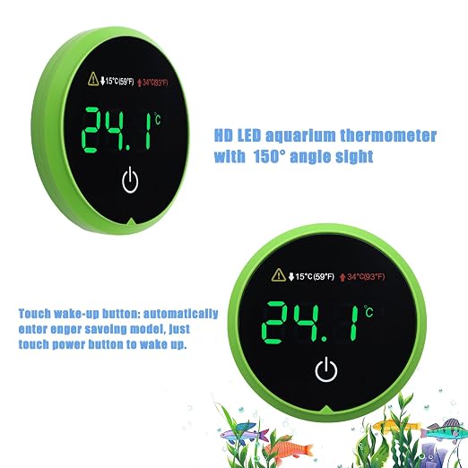 Aquarium Digital Thermometer with LED Touch Screen - Stick-on Fish Tank Thermometer for Betta Tanks, HI/LO Temperature Alarm, Cordless Waterproof Sensor, CR2032 Battery (14-140°F/-10-60°C)