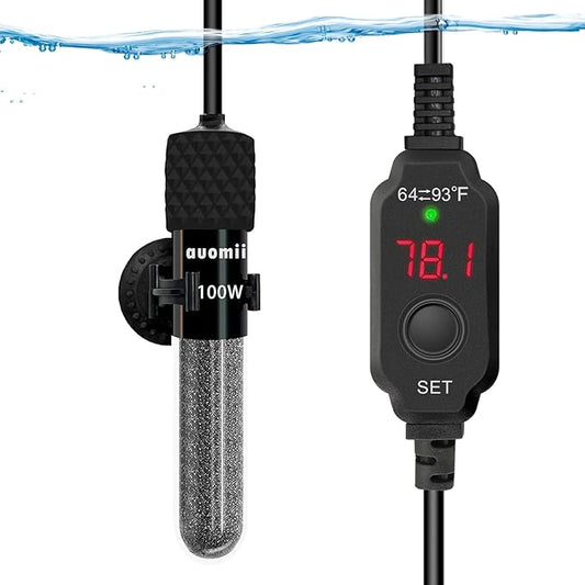 Small Submersible Aquarium Heater,Adjustable Mini Fish Tank Heater 25/50/100/150/200/300 Watts with External Temperature Controller, LED Display, Smart Memory, Used for 1-60 Gallons (100W)