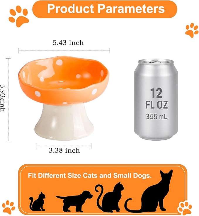 Ceramic Elevated Cat Bowls, Tilted Raised Pet Dish Anti Vomit Kitten Bowl for Indoor Cats, Whisker Friendly Pet Food and Water Bowl for Kitten, Cat, Puppies, Dishwasher Safe (Orange)