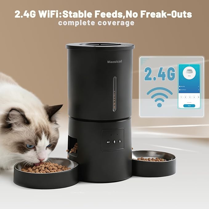 Miaosical Automatic Cat Feeder 2 Cats,2.4G WiFi Timed Auto Cat Food Dispenser with Dual Bowls,4.2L Smart App Control,Equal Portion Feeding for Multiple Cats (Black, 4.2L WiFi Dual Bowl)