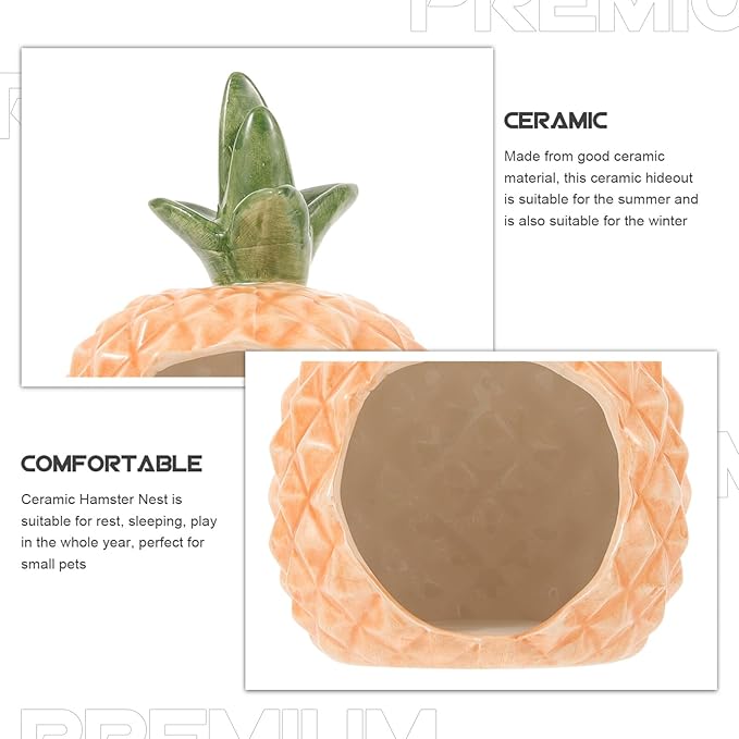 Ipetboom Ceramic Hamster Hideout Pineapple Shape Cooling Pet Nest Small Animal House for Hamsters Guinea Pigs Rats Chinchillas