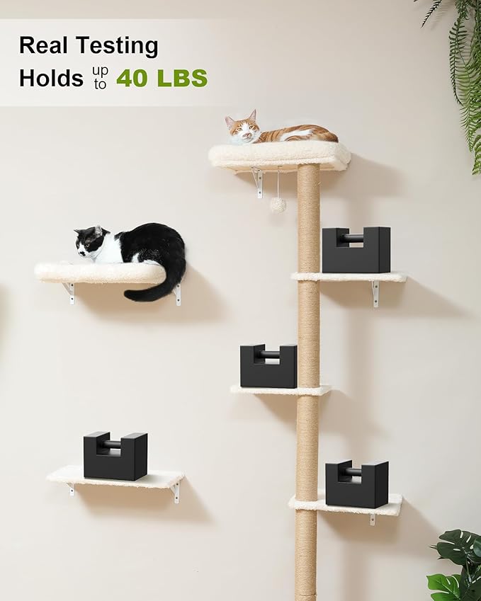 FUKUMARU Cat Wall Shelves Set, 70 Inch Stable Wall Mounted Tree, Kitten Scratching Post with Soft Cushion Perch, Space Saving Climbing Wall Furniture for 16 Inch Drywall - Beige