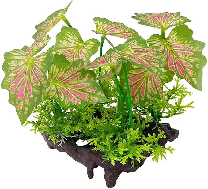 Aquarium Plant Fish Tank Decoration Small Plastic Artificial Plant Goldfish Fish Hide (Rainforest Leafs-Pink-Small-Set)