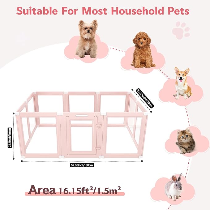 DIY Clear Acrylic Dog Playpen Indoor, Transparent Easy Cleansing Puppy Fence with Suction Cup, Easy-Assemble Indoor Whelping Crate for Small Puppies (23.6" H, 10PCS), Pink