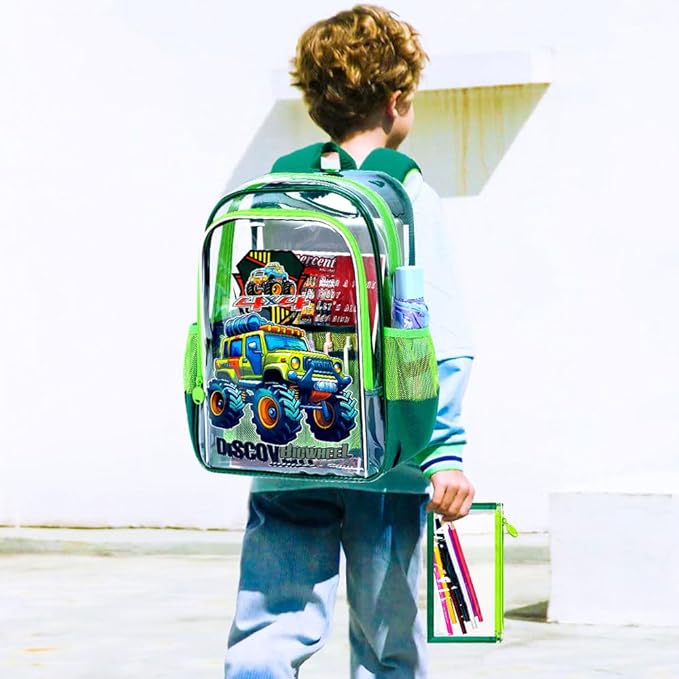 AGSDON 3PCS Clear Backpack for Boys, 16" Truck Transparent Bookbag Heavy Duty,See Through Backpacks with Lunch Bag- Green Truck