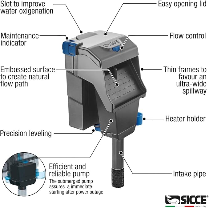 Sicce Aqua Filtra 10 Hang On Back Aquarium Fish Tank Power Filter Up to 10 Gallon Aquariums - Quiet 3-Stage HOB for Freshwater & Saltwater