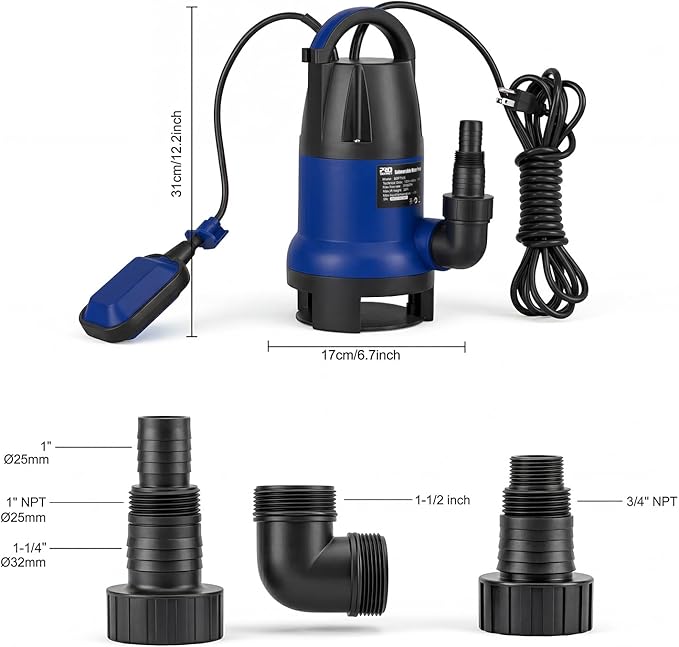 Sump Pump, Prostormer 1HP 3700GPH Submersible Clean/Dirty Water Pump with Automatic Float Switch for Pool (Blue)