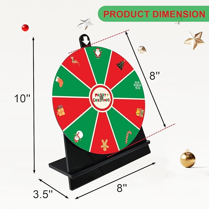 iobiotio Christmas Party Spinning Prize Wheel, 8 inch Game Spinner Wheel for Prizes with Stand, 10 Slots Color Small Tabletop Roulette Spinner, Easy Assembly and Erasable, Portable
