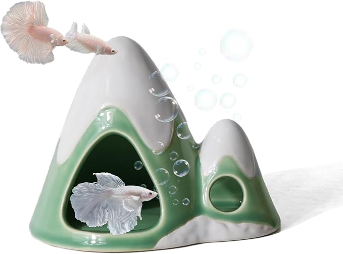 Cute Green Aquarium Decor Ceramic Mountain Betta Fish Tank Cave | Smooth-Surface Safe for Fish Hiding & Breeding, Easy-Clean, No Assembly, for Play & Rest,Fits 3.5-5 Gallon Fish Tanks