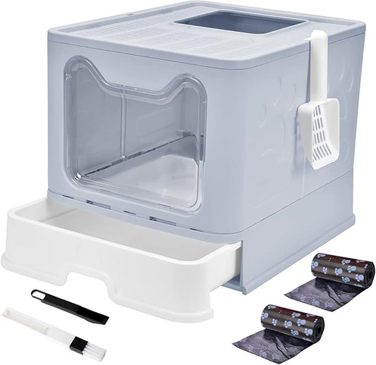 Top Entry Cat Litter Box With Lid - Enclosed Anti-Splashing Potty, Foldable Large Covered Toilet Pan, Cat Supplies With Scoop, Brush and Garbage Bag