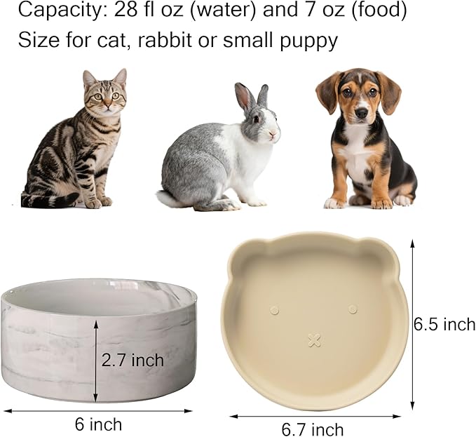 Cat Food and Water Bowl Set, Heavy Weighted Ceramic, No Tip Over, Shallow Wide Whisker Fatigue Silicone Dish, Pet Comfort Feeder for Small Dog, Untippable, Dishwasher Safe, 6 inch
