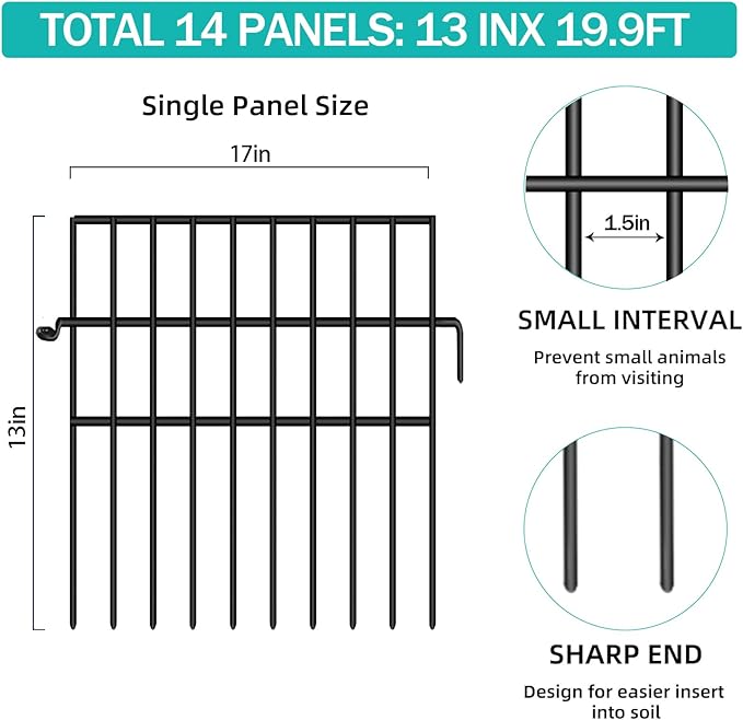 14 Panels Animal Barrier Fence, No Dig Fences, 13in(H) X 19.9ft(L) Garden Fence Animal Barrier for Rabbit and Dog Under Fencing Barrier, Rustproof Metal Fences Border for Outdoor, Yard, Patio