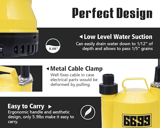 1/6HP Portable Utility Pump Submersible Small Backup Sump Pump Draining Tool to Remove Water from Flooding House Basement Pool Tankless Heater Flushing Pump with 10-Foot Cord SUB 1100