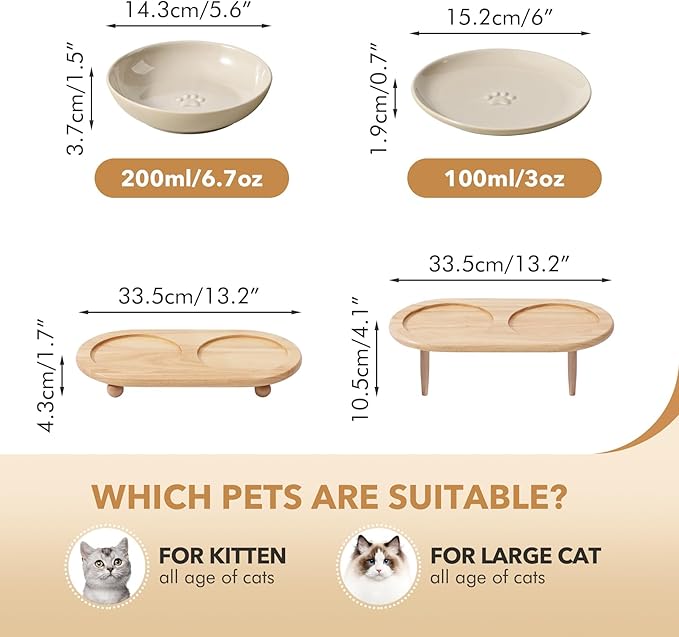Havniva Elevated Cat Bowls, Ceramic Cat Food Bowl Whisker Friendly Cat Dishes, Kitten Food & Water Bowl with Two Heights Stand, Anti-Slip Raised Cat Food Plates