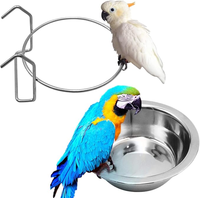 2PCS Bird Feeder Birds Bowls Bird Feeder Dish Cup Stainless Steel Dishes Coop Cups with Wire Hook Stainless Steel Parrot Food Bowl Feeding Coop Cups for Parakeet Lovebird